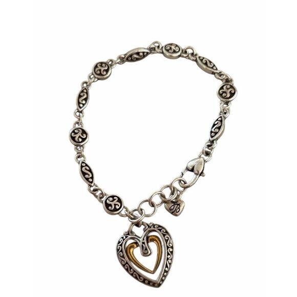 Brighton Silver 2 Tone Scroll Link Heart Bracelet  Heart Charm 7–8” - Picture 4 of 4
